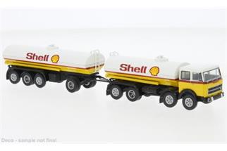 Brekina H0 Fiat 691 Millepiedi, weiss/gelb, Shell, Tankzug, 1970 *werkseitig ausverkauft*