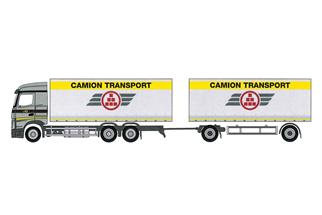 Herpa H0 MB Actros '18 Streamspace 2.5 Koffer-Hängerzug, Camion Transport (SoSe CH) *werkseitig ausverkauft*