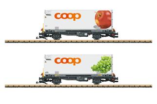 LGB IIm RhB Containertragwagen-Set Lb, Coop Apfel/Trauben, Ep. VI, 2-tlg. *werkseitig ausverkauft*