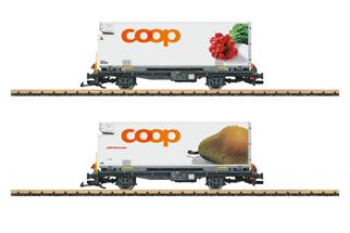 LGB IIm RhB Containertragwagen-Set Lb, Coop Radieschen/Birne, Ep. VI, 2-tlg. *werkseitig ausverkauft*