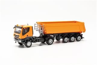 Herpa H0 Iveco Trakker mit Schmitz Cargobull Kipp-Sattelzug mit Stahlmulde, kommunalorange