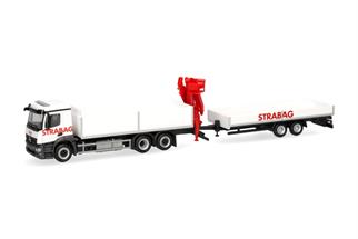 Herpa H0 MB Actros M Baustoff-LKW mit Kran und Tieflade-Anhänger, STRABAG