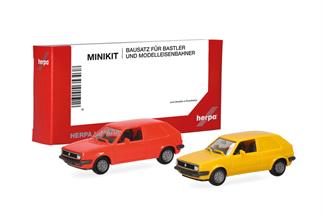 Herpa H0 MiniKit: VW Golf II 2-türig Kasten, leuchtrot und gelb (Inhalt: je 1 Stk.)