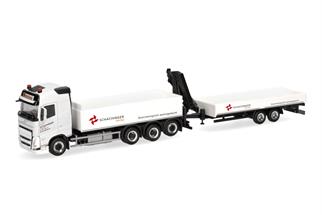 Herpa H0 Volvo FH GL 2020 Pritschen-Hängerzug mit Ladekran, Schachinger