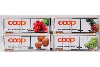 Viessmann H0 Coop/Railcare Kühlcontainer-Set Traube/Kartoffel/Ananas/Raddiesschen, 4-tlg.