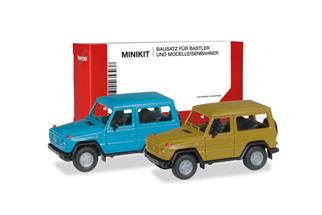 Herpa H0 MiniKit: MB G-Klasse, chinablau und currygelb (Inhalt: je 1 Stk.)