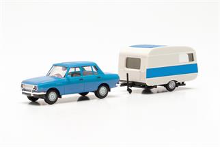 Herpa H0 Wartburg 353 '82 mit QEK-Wohnwagen, himmelblau