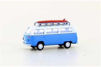 Minis N VW T2 Bus, blau/weiss mit Surfbrett