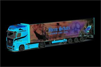 Herpa H0 MB Actros L Gigaspace Lowlinergardinenplanen-Sattezug, Ferntrans Haas