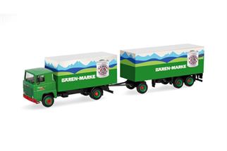 Herpa H0 Scania 111 Koffer-Hängerzug, Bärenmarke - Spedition Reiter